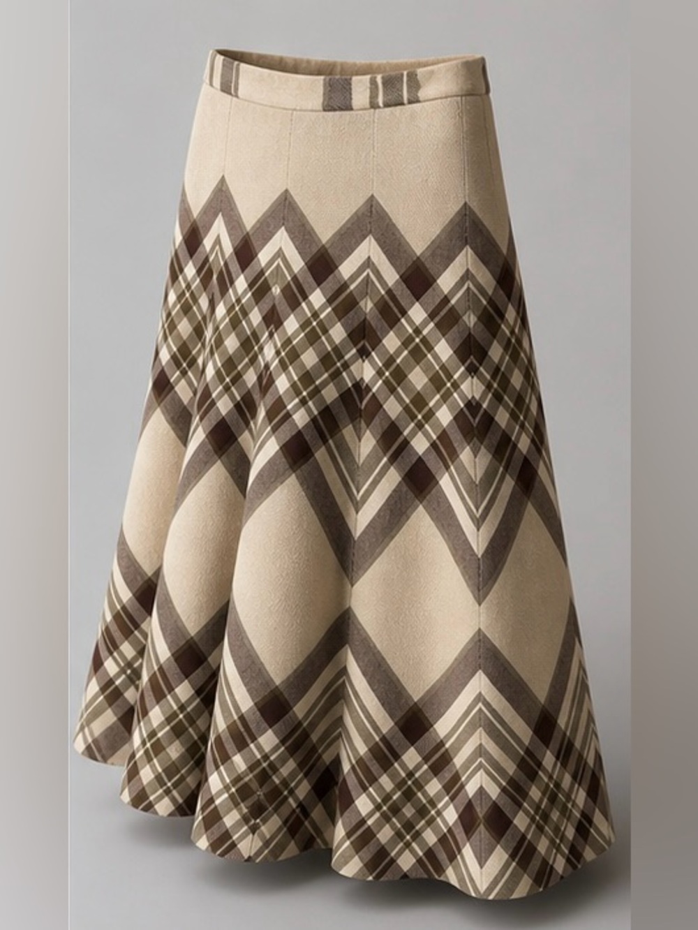 Vintage Highland Queen Virgin Wool Plaid A-Line Skirt Beige/Brown